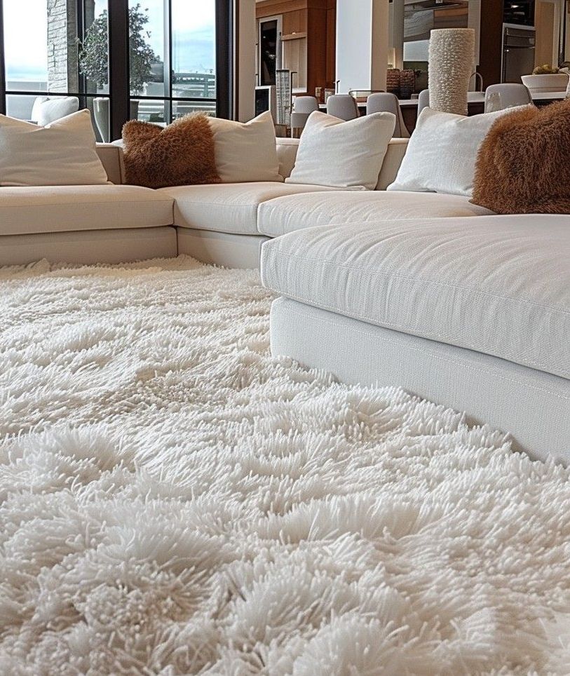 A living room with white furniture and a white rug