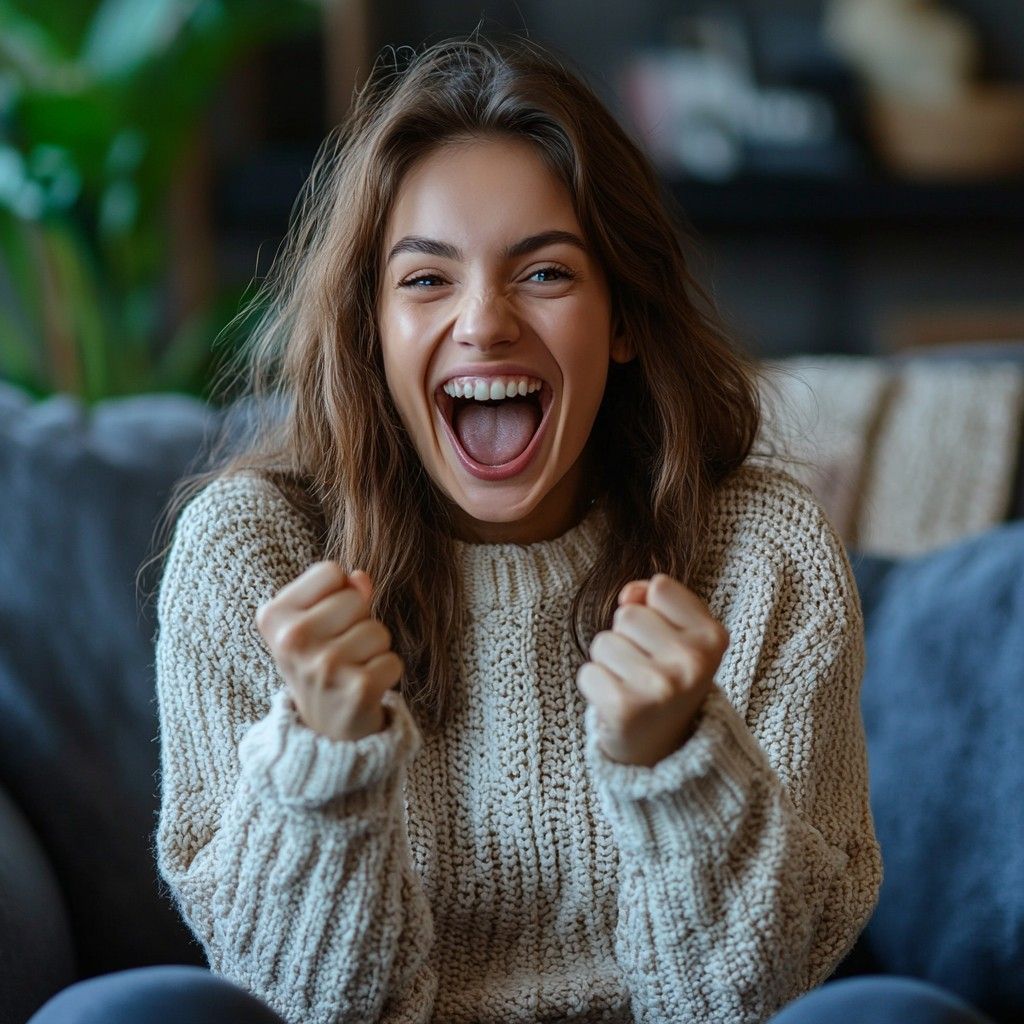 A woman in a sweater is sitting on a couch with her mouth open.