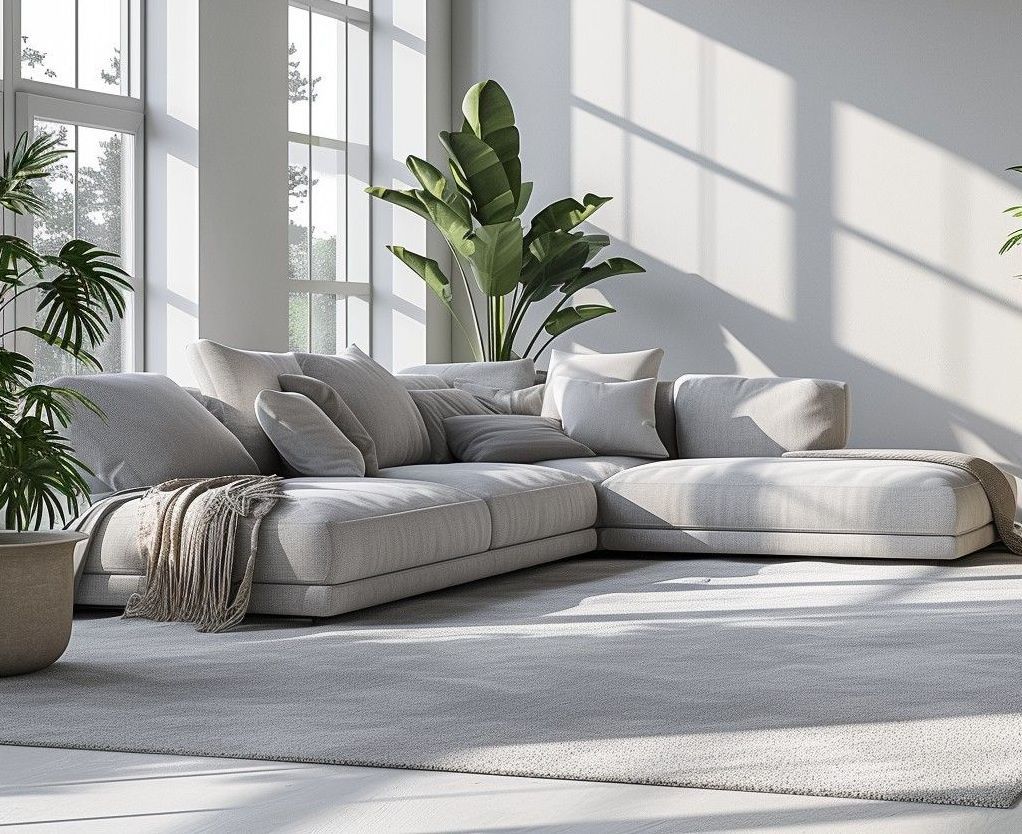 A living room with a large sectional couch and a potted plant.
