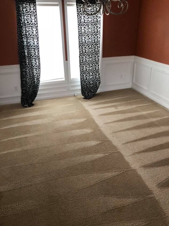 An empty dining room with a carpeted floor and two windows.