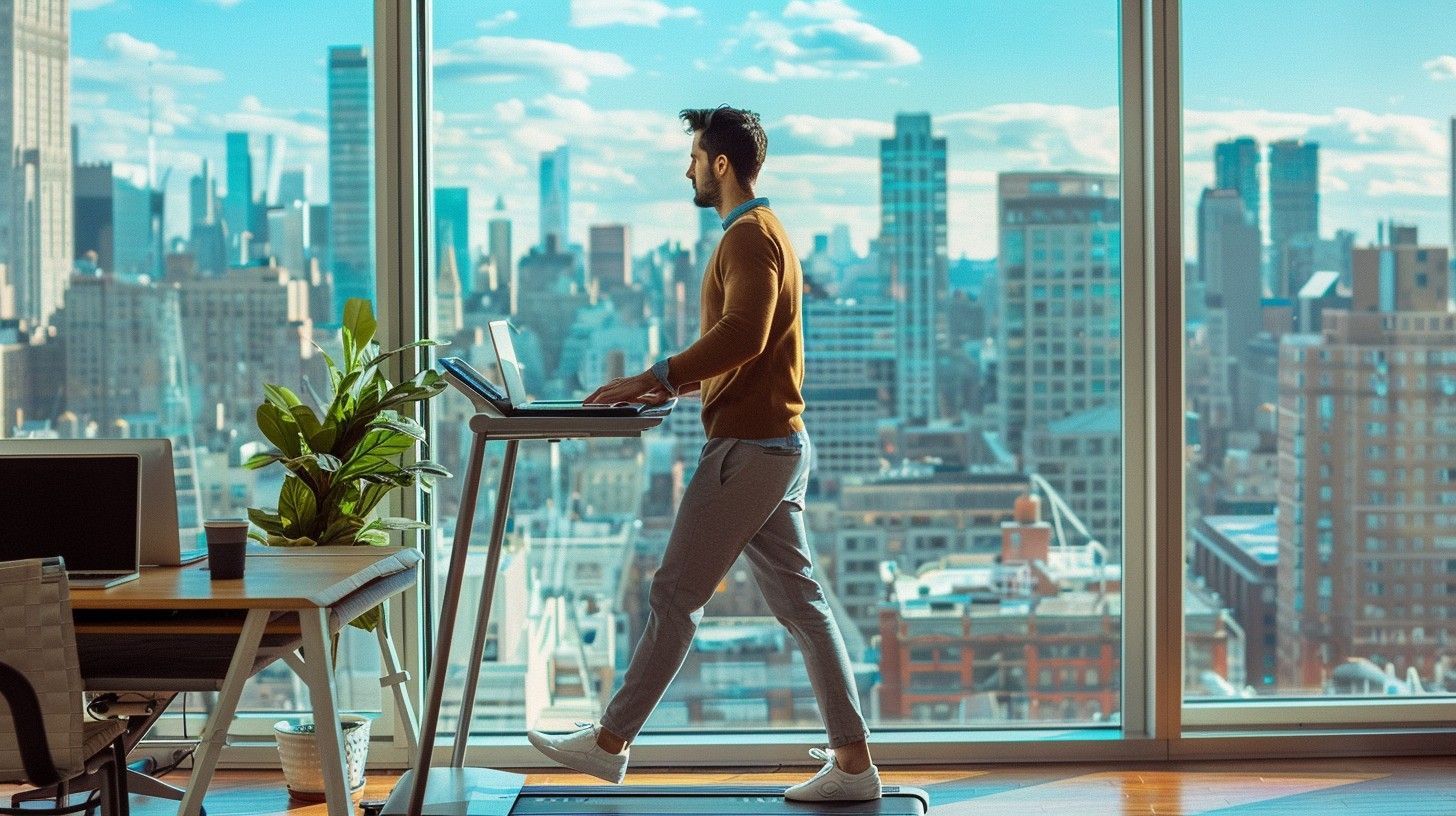 A man is walking on a treadmill in front of a window while using a laptop.