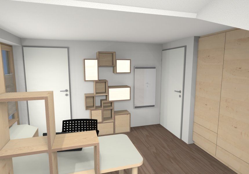 3D-Visualiserung kreatives Jugendzimmer mit Holzmöbeln