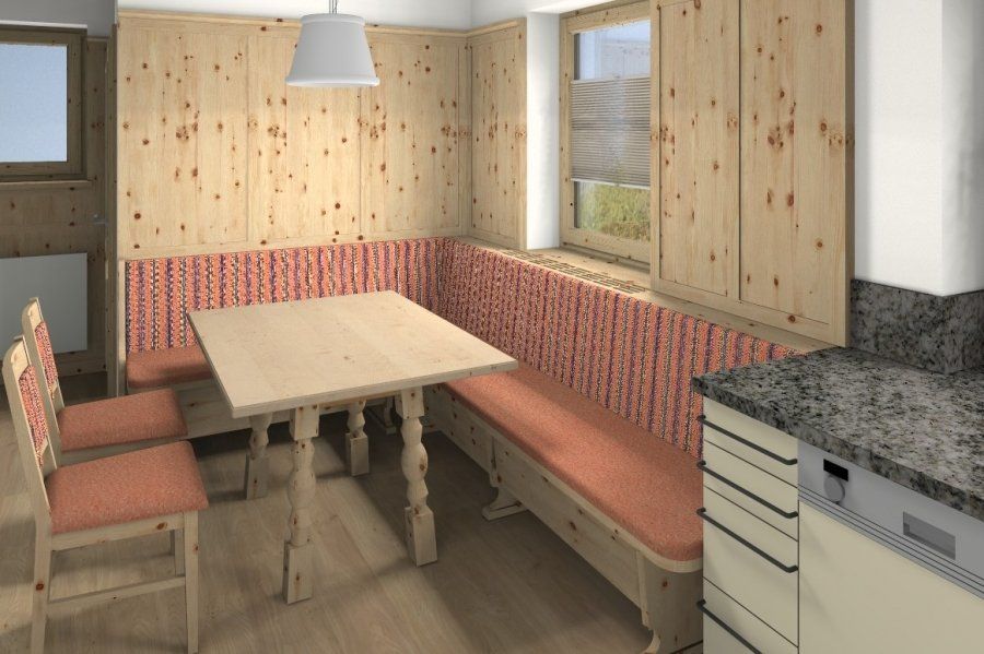 3D-Visualiserung für Sizgruppe mit Holzverkleidung und Holztisch