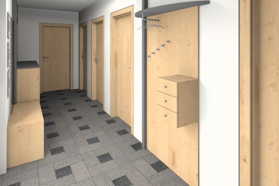 3D-Visualiserung Vorraum mit Holzmöbel
