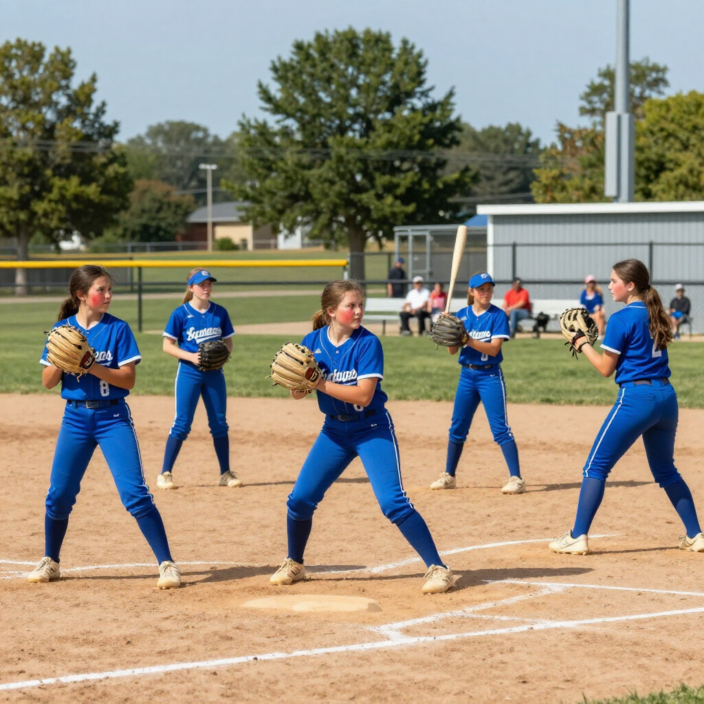 Five softball players in blue uniforms stand in a field during a game, ready to field a ball.