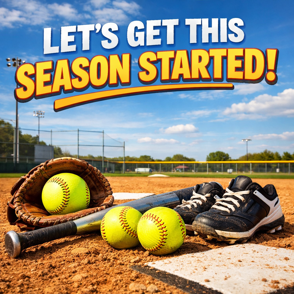 A softball field with a glove, bat, two yellow balls, and cleats on home plate, under text: 