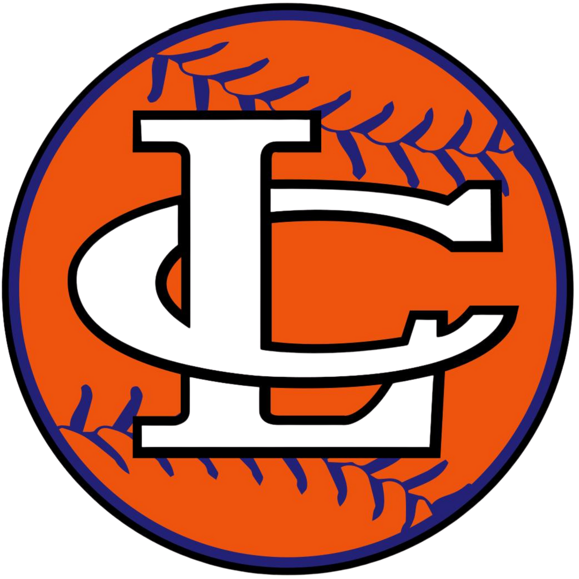 A logo featuring an overlapping white "LC" monogram over an orange baseball with purple stitching and a purple border.