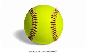 A bright yellow softball with prominent red laces centered on a white background.