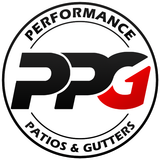 The logo for performance patios and gutters is black and red.