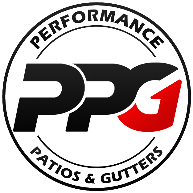 The logo for performance patios and gutters is black and red.