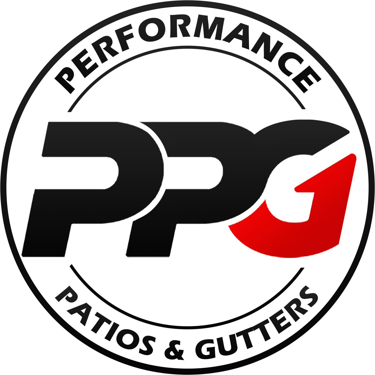 A black and red logo for performance patios and gutters.