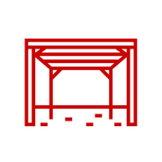 A red line drawing of a pergola on a white background.