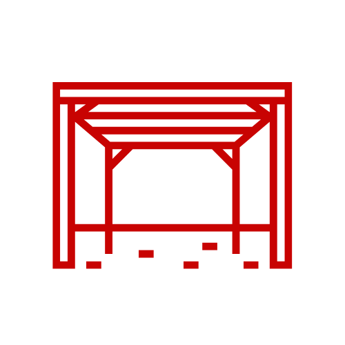 A red line drawing of a pergola on a white background.