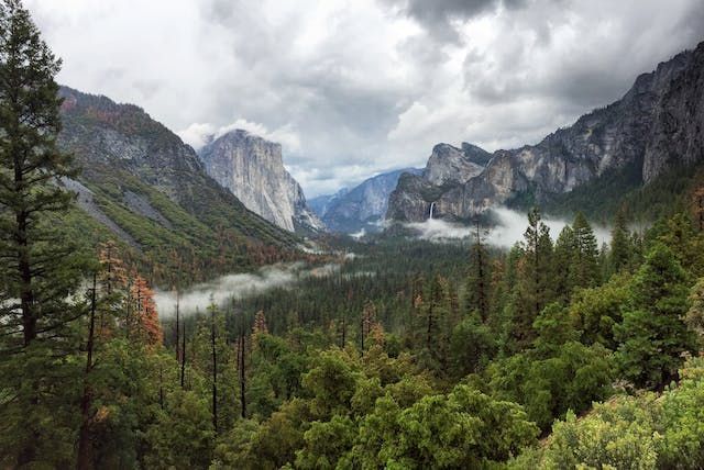 Yosemite Valley on a cloudy slightly foggy day