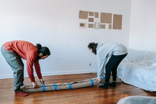 Two people removing rolled up carpet