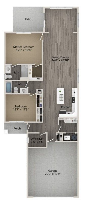 Floor plan of a two-bedroom apartment with a garage and patio.