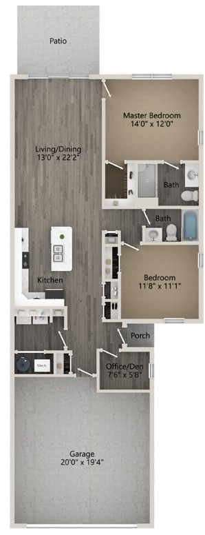 Floor plan of a house with a garage, patio, living room, kitchen, two bedrooms, and two bathrooms.