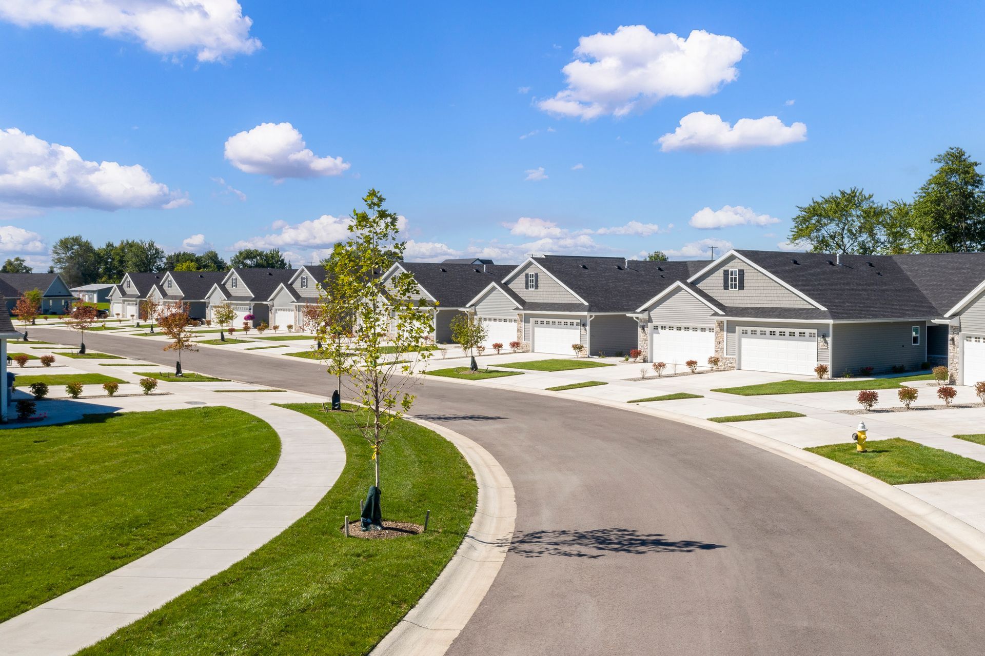 Suburban street with gray houses, white garage doors, and a winding road under a blue sky.