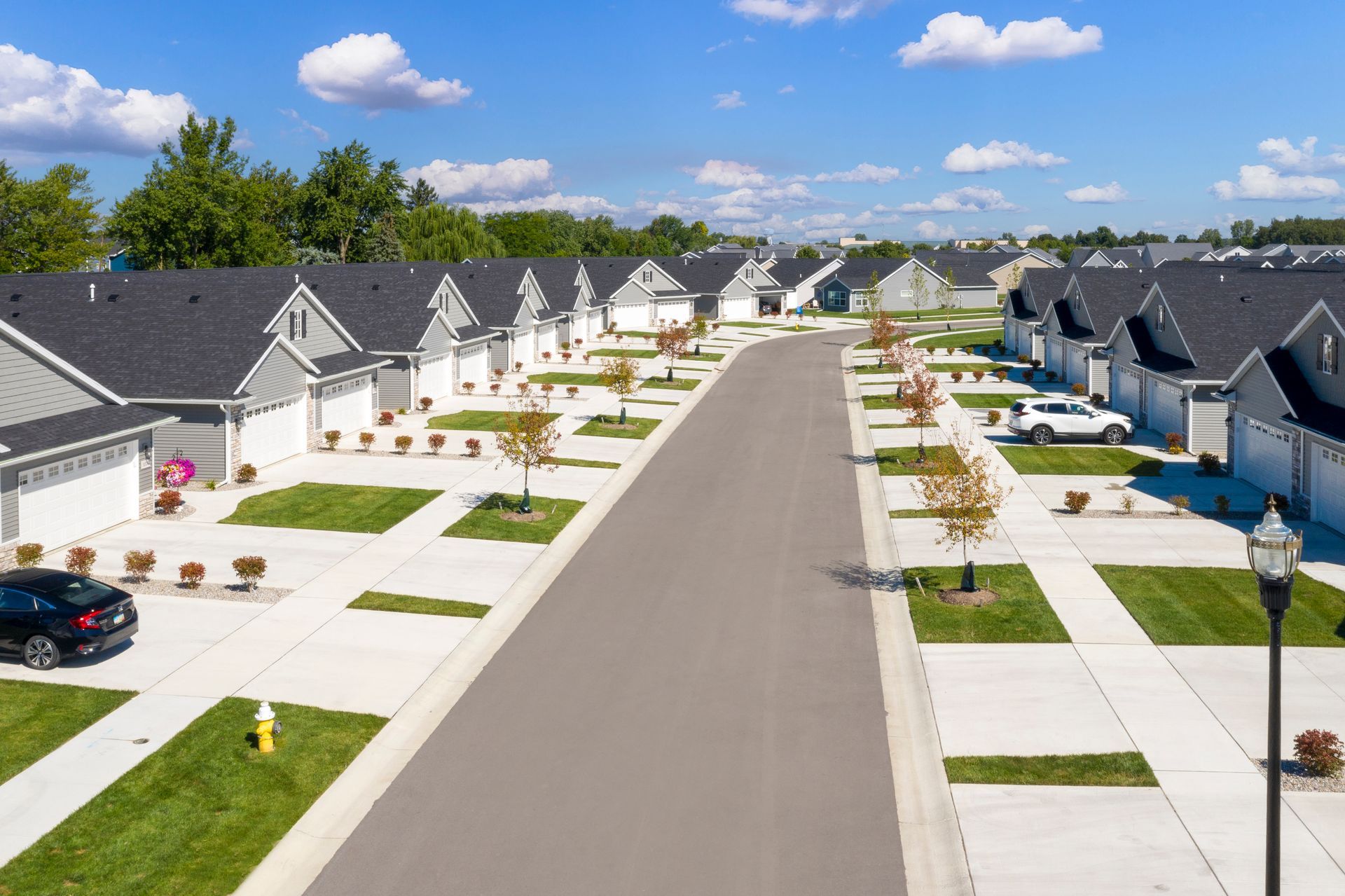 Aerial view of a suburban street lined with modern houses, green lawns, and a blue sky.