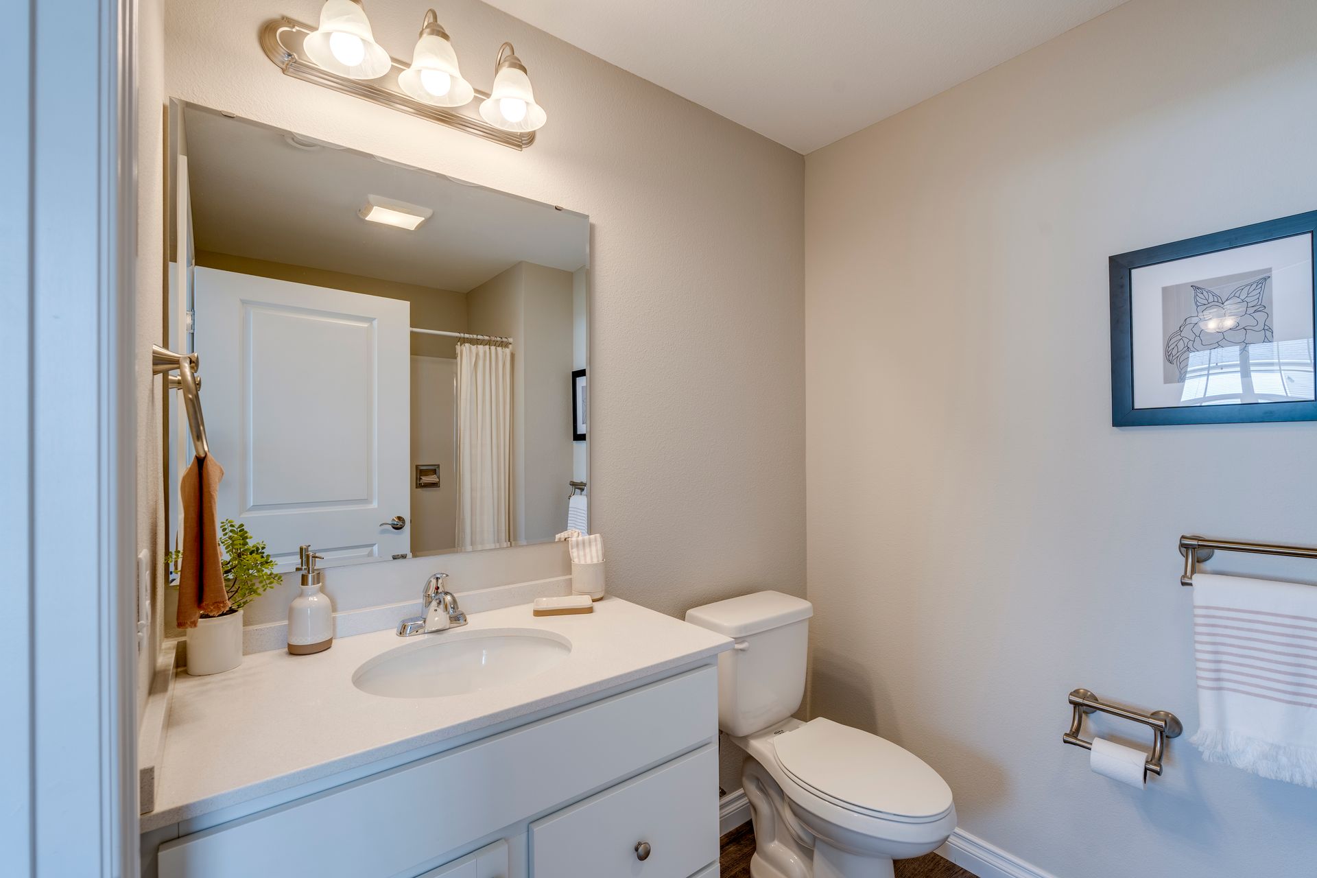 Bathroom with white vanity, toilet, and gray walls, a framed artwork, and a towel rack.