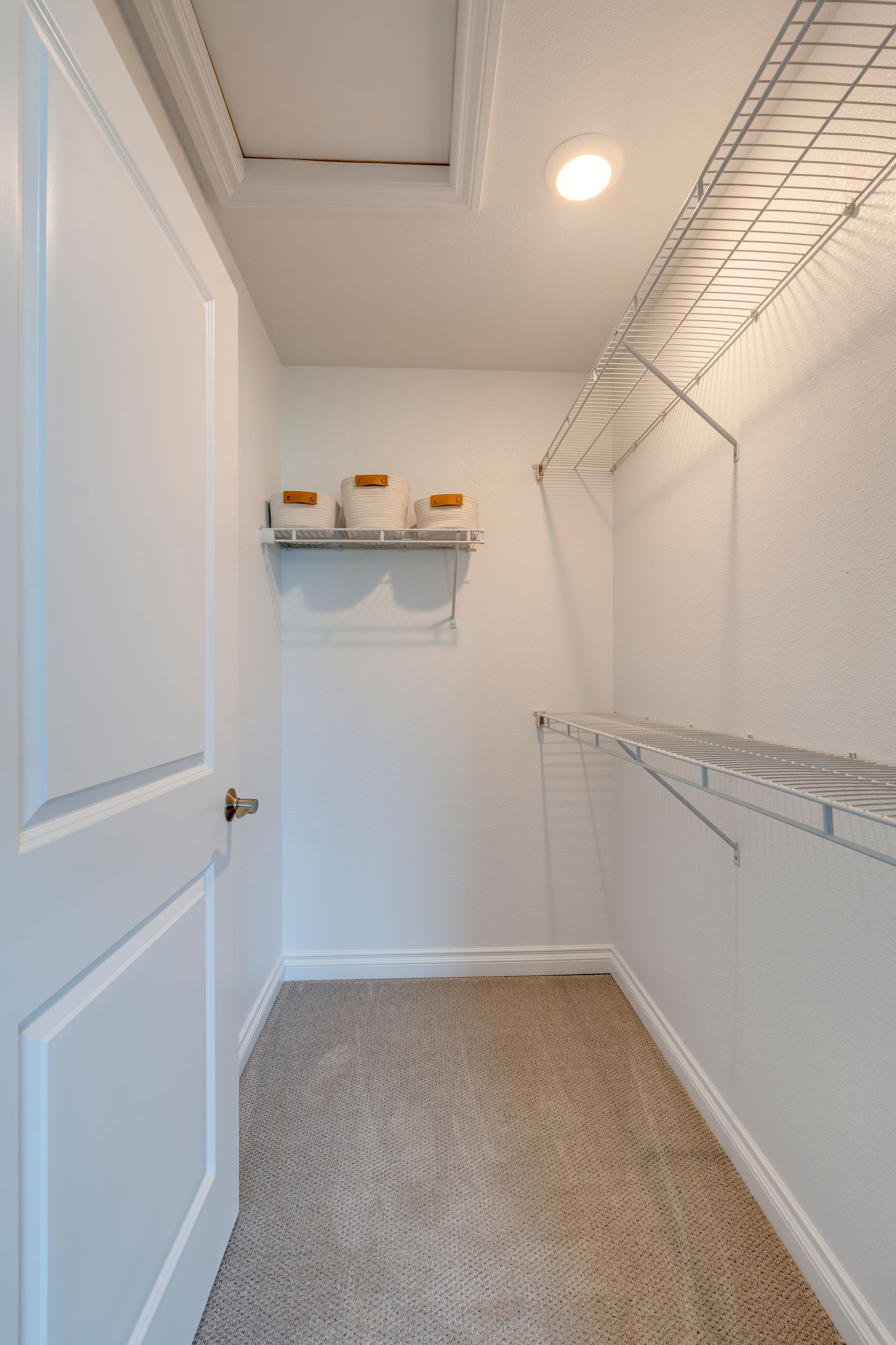 Empty walk-in closet with wire shelving, carpet, white walls, door slightly ajar.