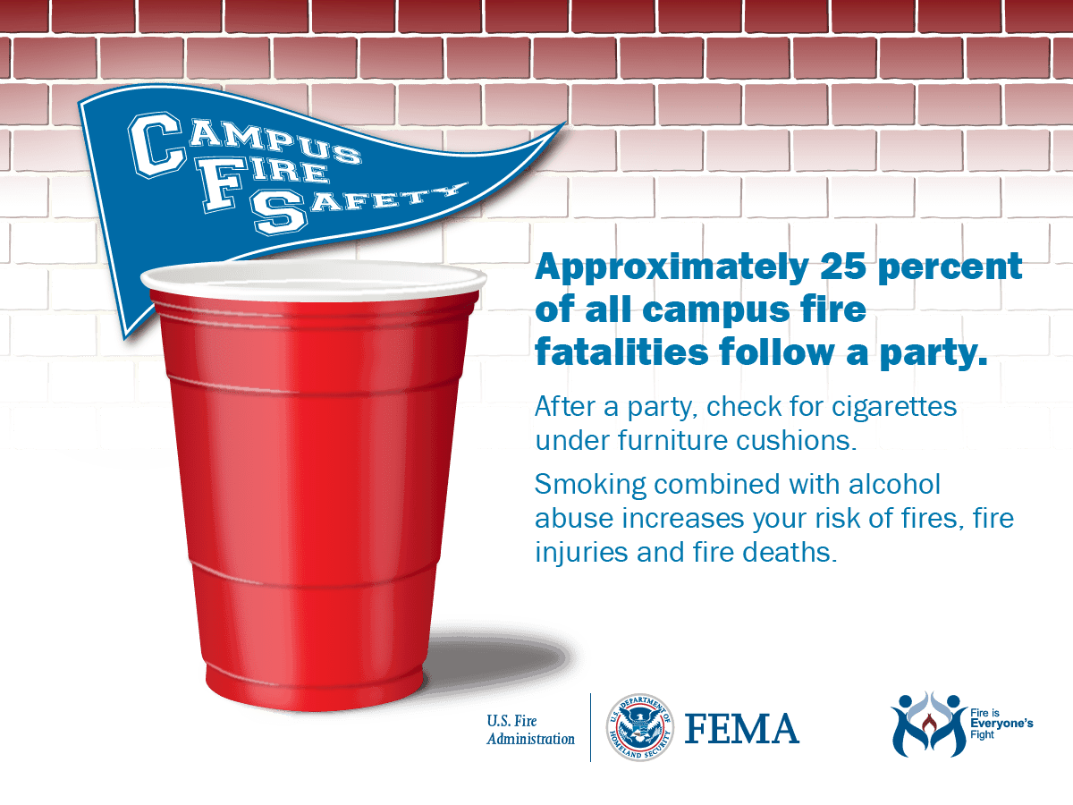 Approximately twenty-five percent of all campus fire fatalities follow a party. After a party, check for cigarettes under furniture cushions. Smoking combined with alcohol abuse increases your risk of fires, fire injuries, and fire deaths.