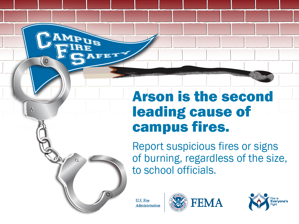 Arson is the second leading cause of campus fires. Report suspicious fires or signs of burning, regardless of the size, to school officials.