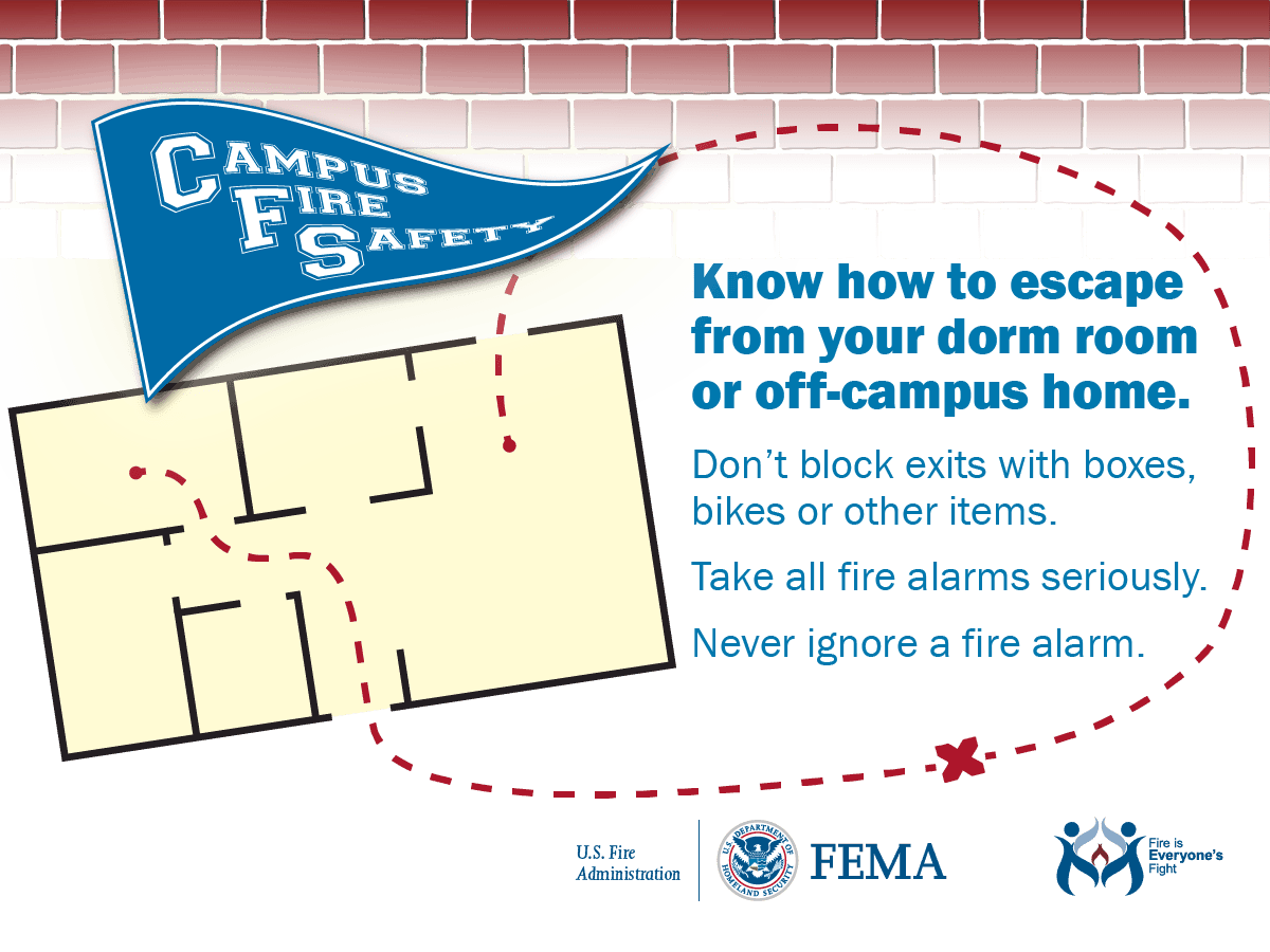 Know how to escape from your dorm room or off-campus home. Don't block exits with boxes, bikes or other items. Take all fire alarms seriously. Never ignore a fire alarm.