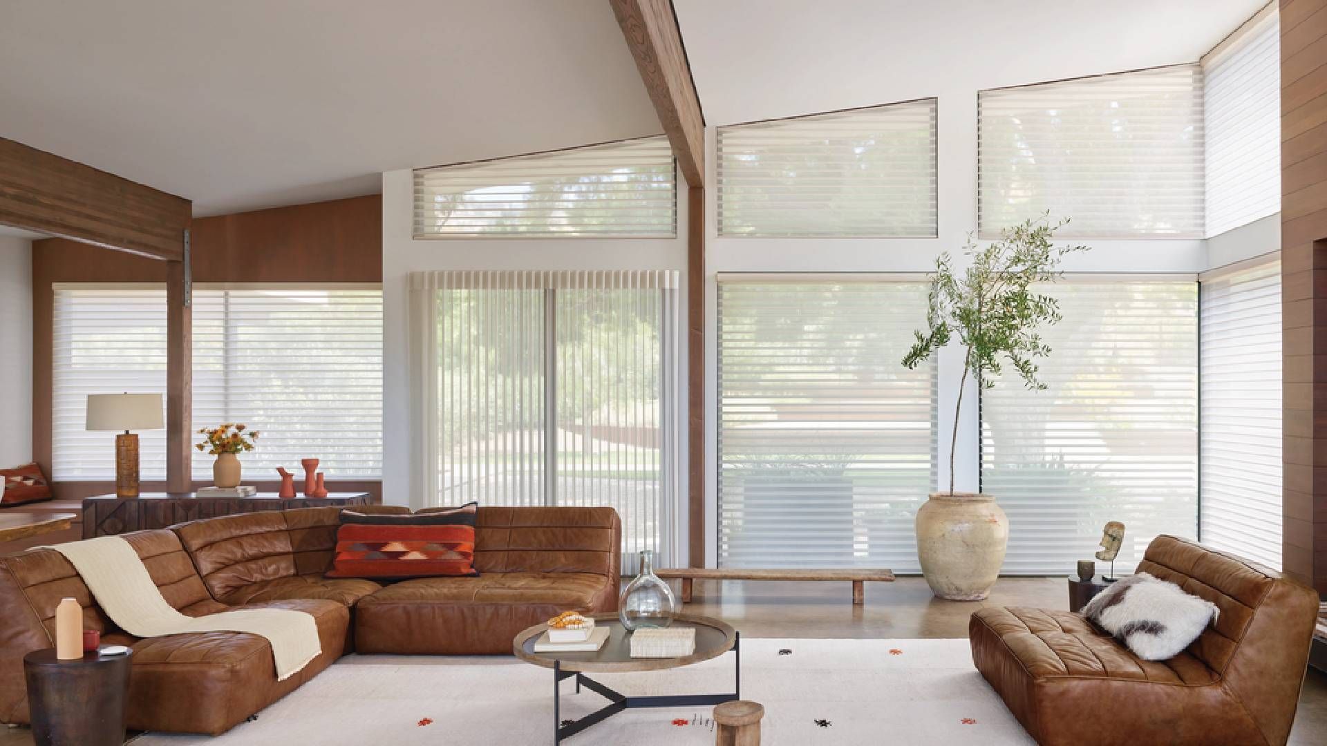 Home living room with many windows dressed with Hunter Douglas blinds featuring PowerView® Automatio