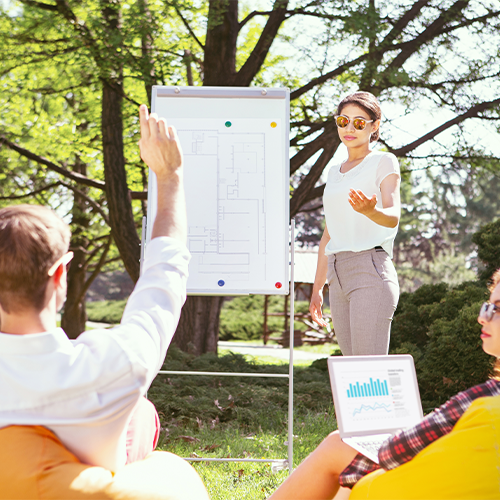 Pessoas em um parque: Uma apresentação com um quadro branco, um laptop e pessoas sentadas em pufes. Uma pessoa levanta a mão.