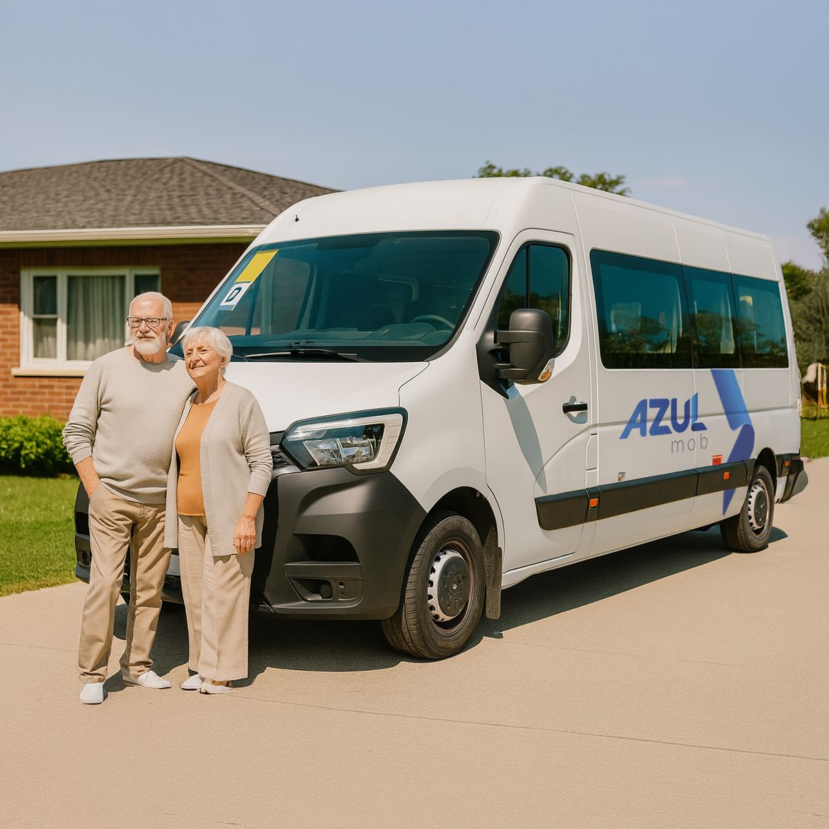 Um casal de idosos está em pé em frente a uma van branca com o logotipo 