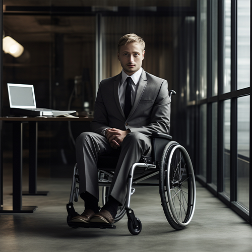 Um homem de terno está sentado em uma cadeira de rodas em um escritório moderno, olhando para a câmera.