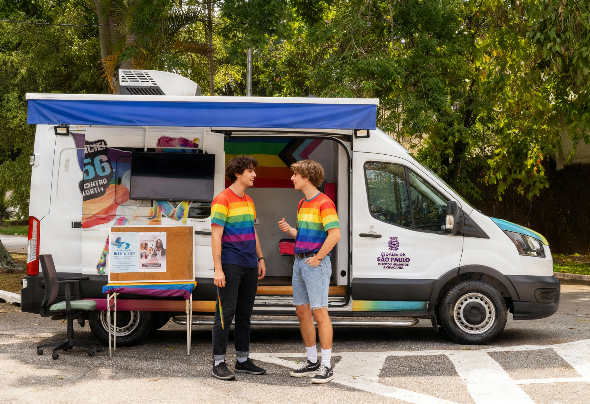 Dois jovens com camisetas arco-íris ao lado de uma van decorada com as cores do orgulho LGBTQ+.