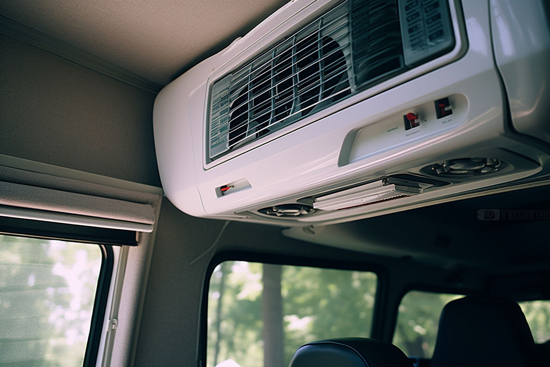Unidade de ar condicionado no teto do interior de um veículo, com saídas de ar e controles visíveis.