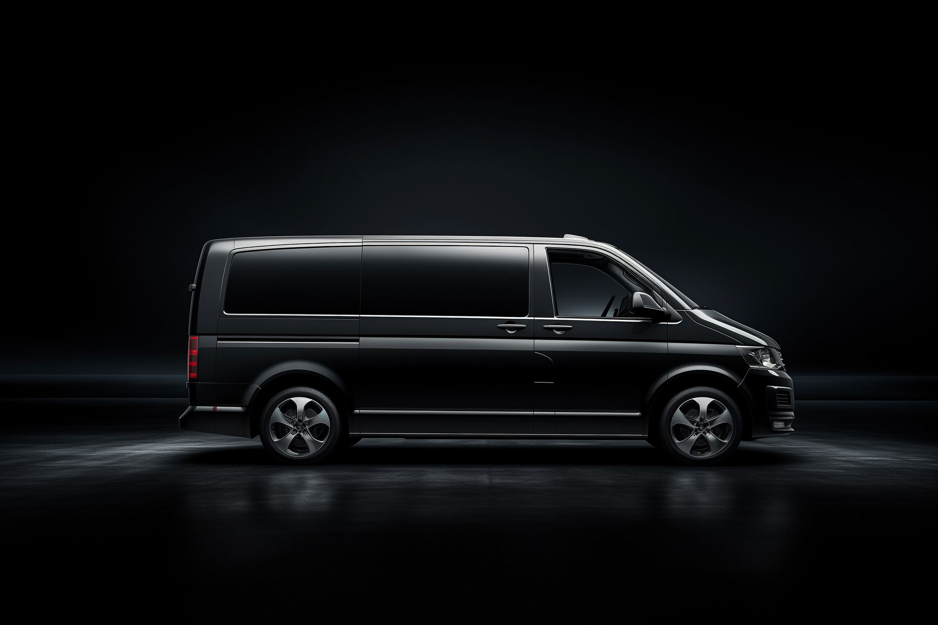 Uma van preta sobre uma superfície escura, vista lateral.