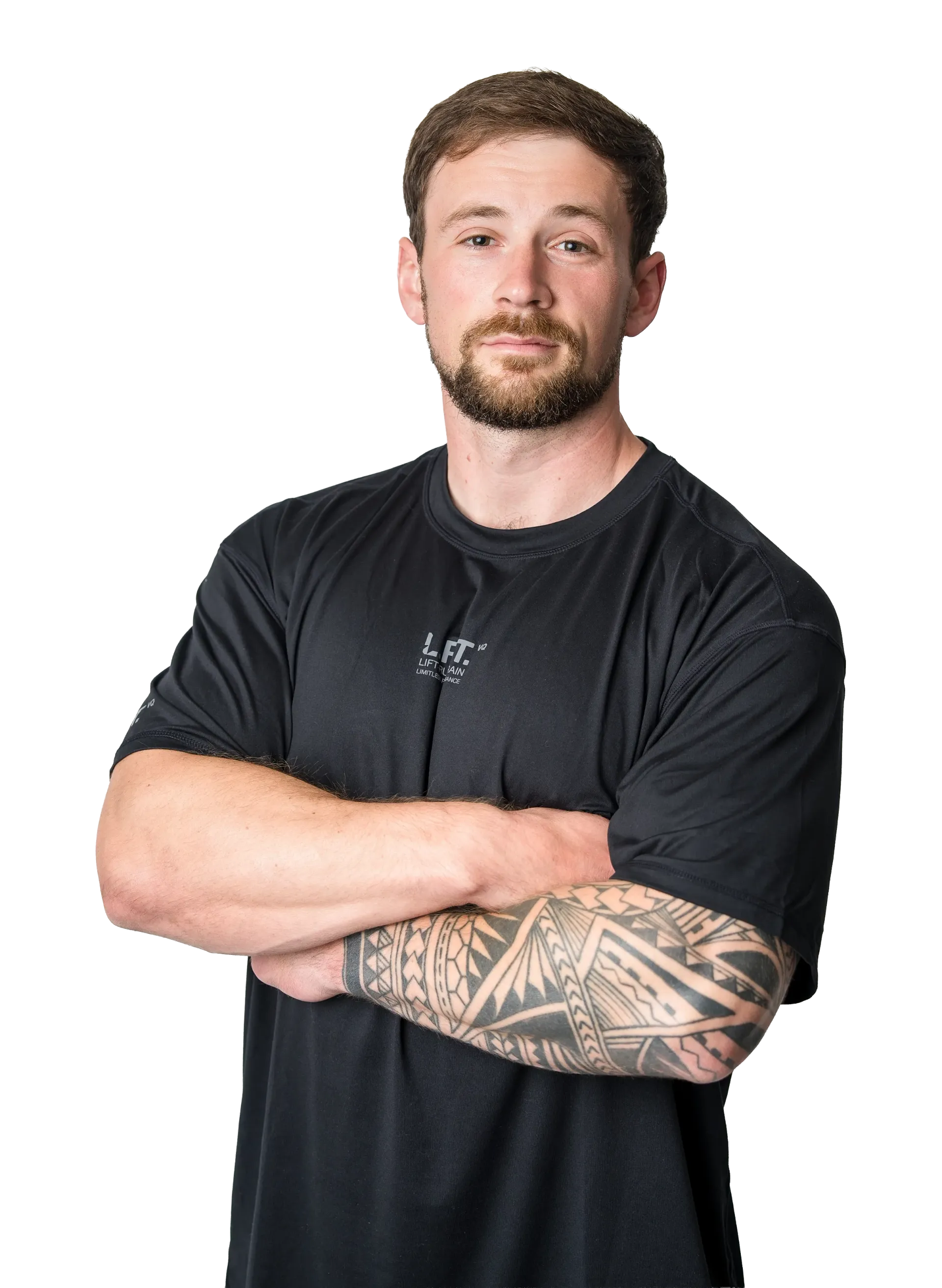 Man with crossed arms wearing a black T-shirt, standing against a white background.
