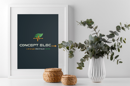 Un cadre photo avec un logo dessus est posé sur une table à côté d'un vase de fleurs.