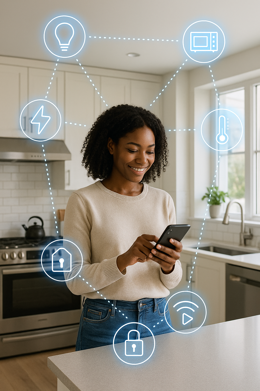 Une femme utilise un téléphone intelligent dans une cuisine.
