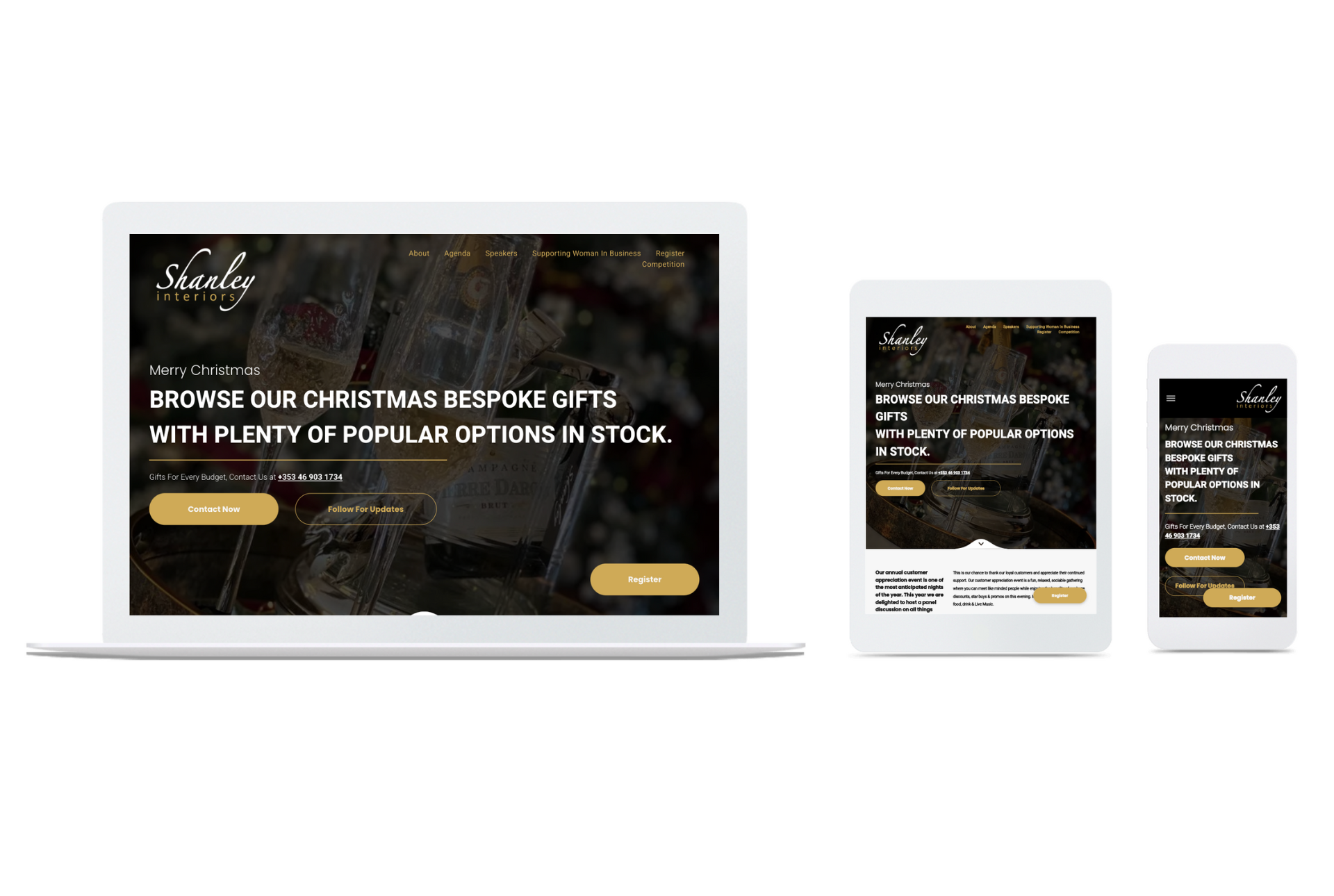 a laptop , tablet , and cell phone displaying a retail store website.