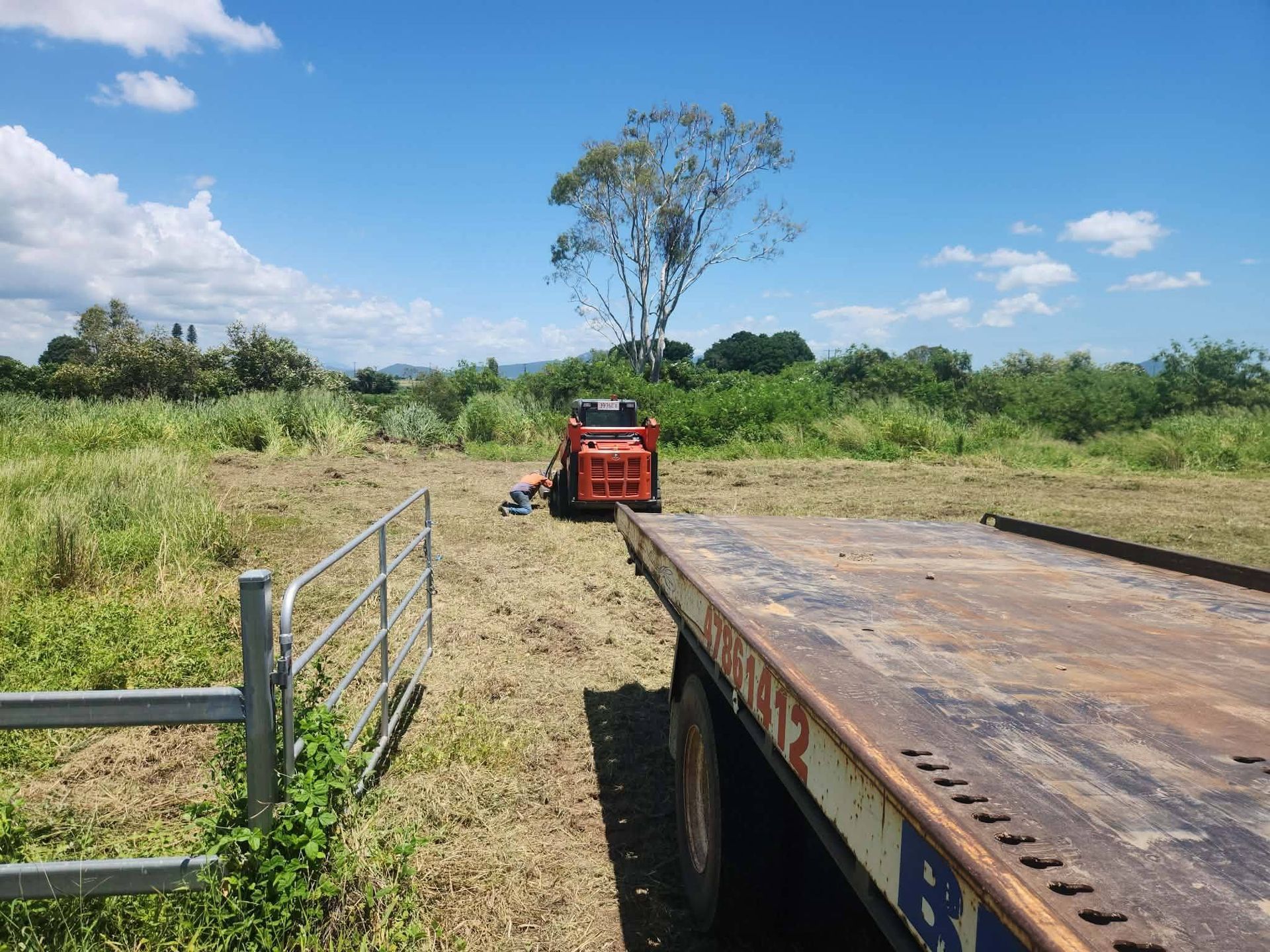 Orange skid steer tractor on a field, pulling a trailer under a blue sky. . - DJ Brazil earthmoving, truck and tilt tray hire, Bowen QLD