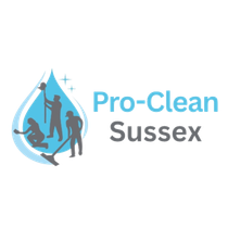 A logo for pro-clean sussex with a drop of water and people cleaning it.