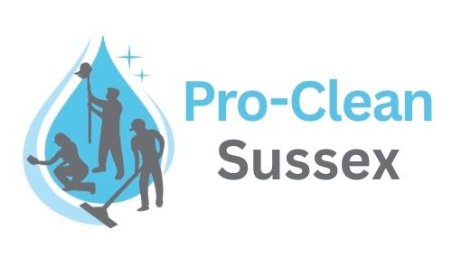 A logo for pro-clean sussex with a drop of water and people cleaning it.