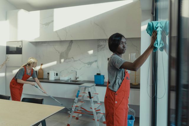 Two women are cleaning a window in a kitchen.