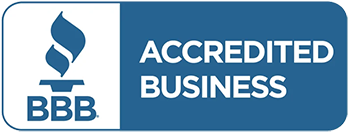 BBB Accredited Business logo, blue and white, with a torch and the text 