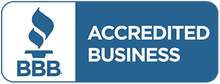 BBB Accredited Business logo, blue and white, with a torch and the text