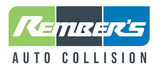 Logo for Rember's Auto Collision, with the company name in white on a green, gray and blue background.