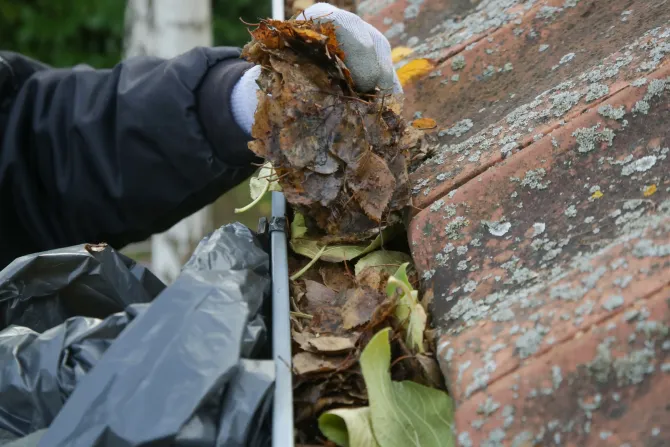 Person cleaning out a gutter with gloves on.