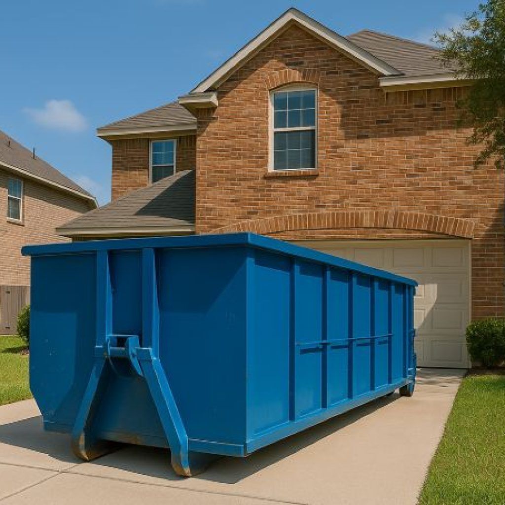 Blue dumpster in a driveway in front of a brick house with a garage on a sunny day.