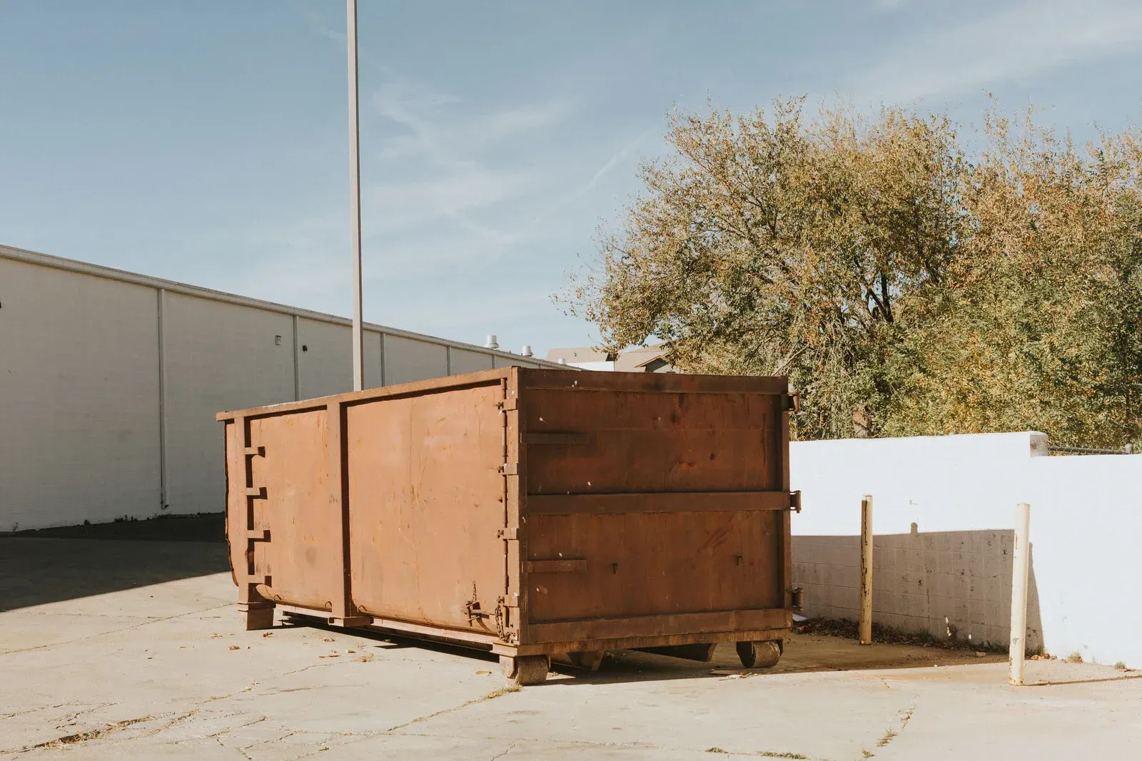 Rust-colored dumpster on wheels outdoors near a white wall and some trees under a blue sky.