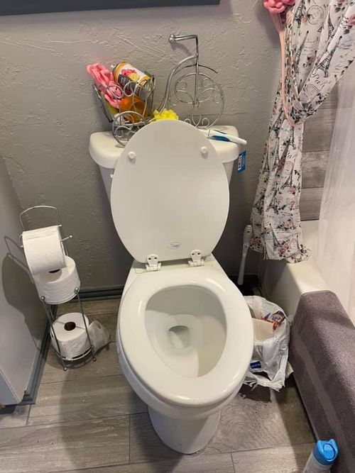 A toilet is sitting in a bathroom next to a shower curtain.